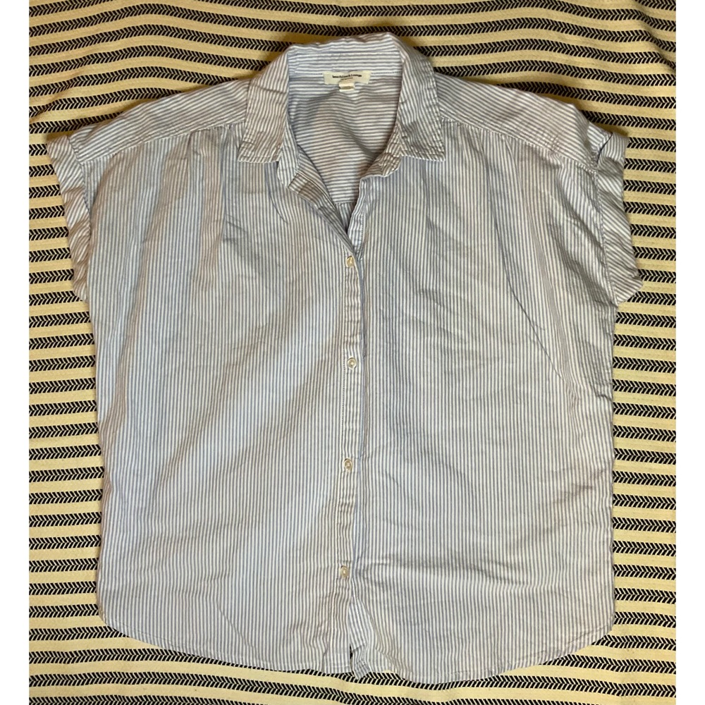 beachlunchlounge Women's Striped Button Down Shirt M Blue White Casual‎ Top